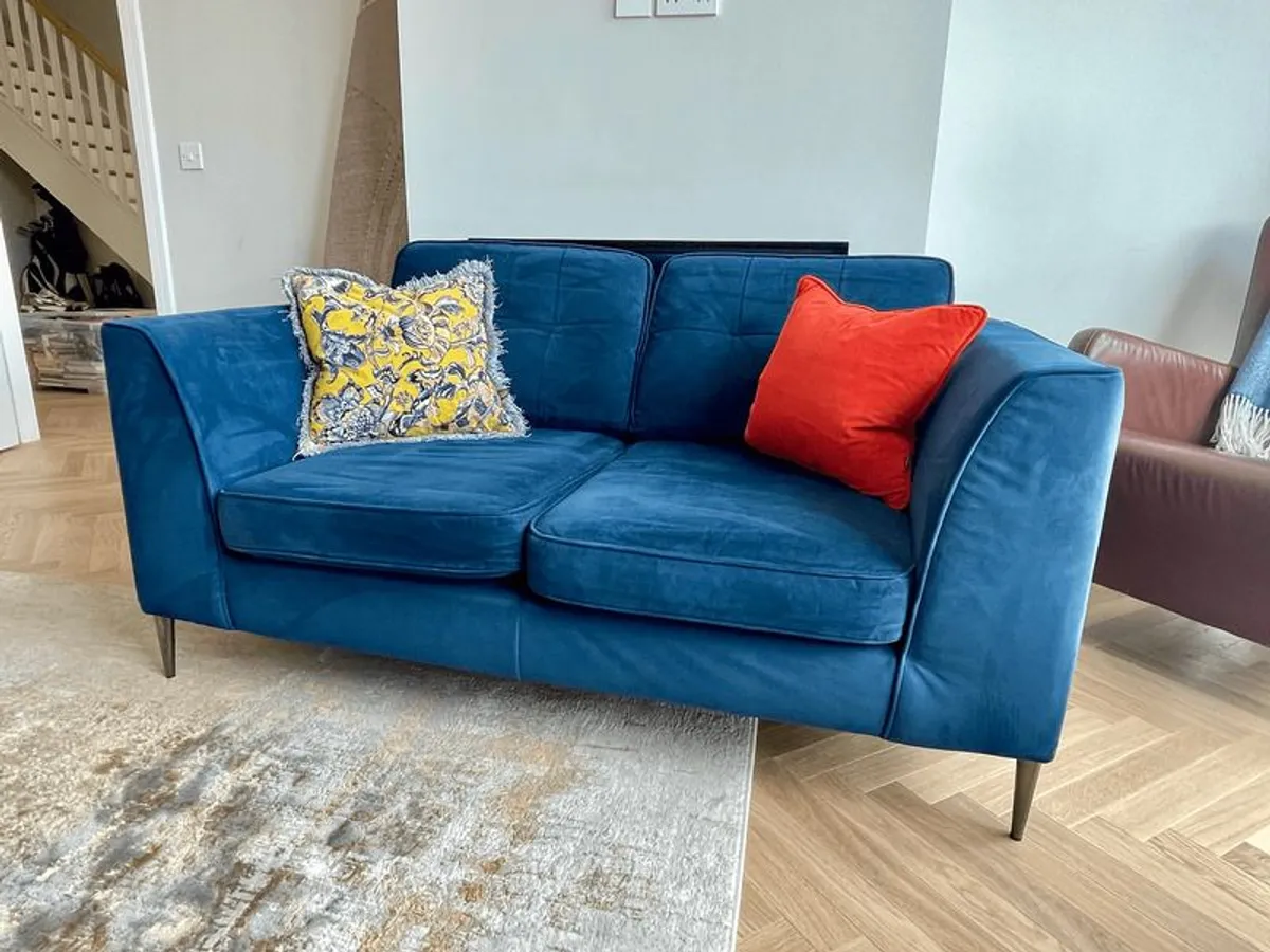 Navy Blue Velvet Two-Seater Sofa - Image 1