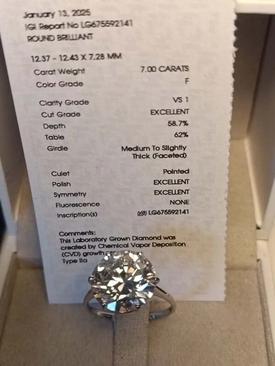 18ct White Gold 7 Carat Lab Grown Diamond Solitaire Ring - Image 1