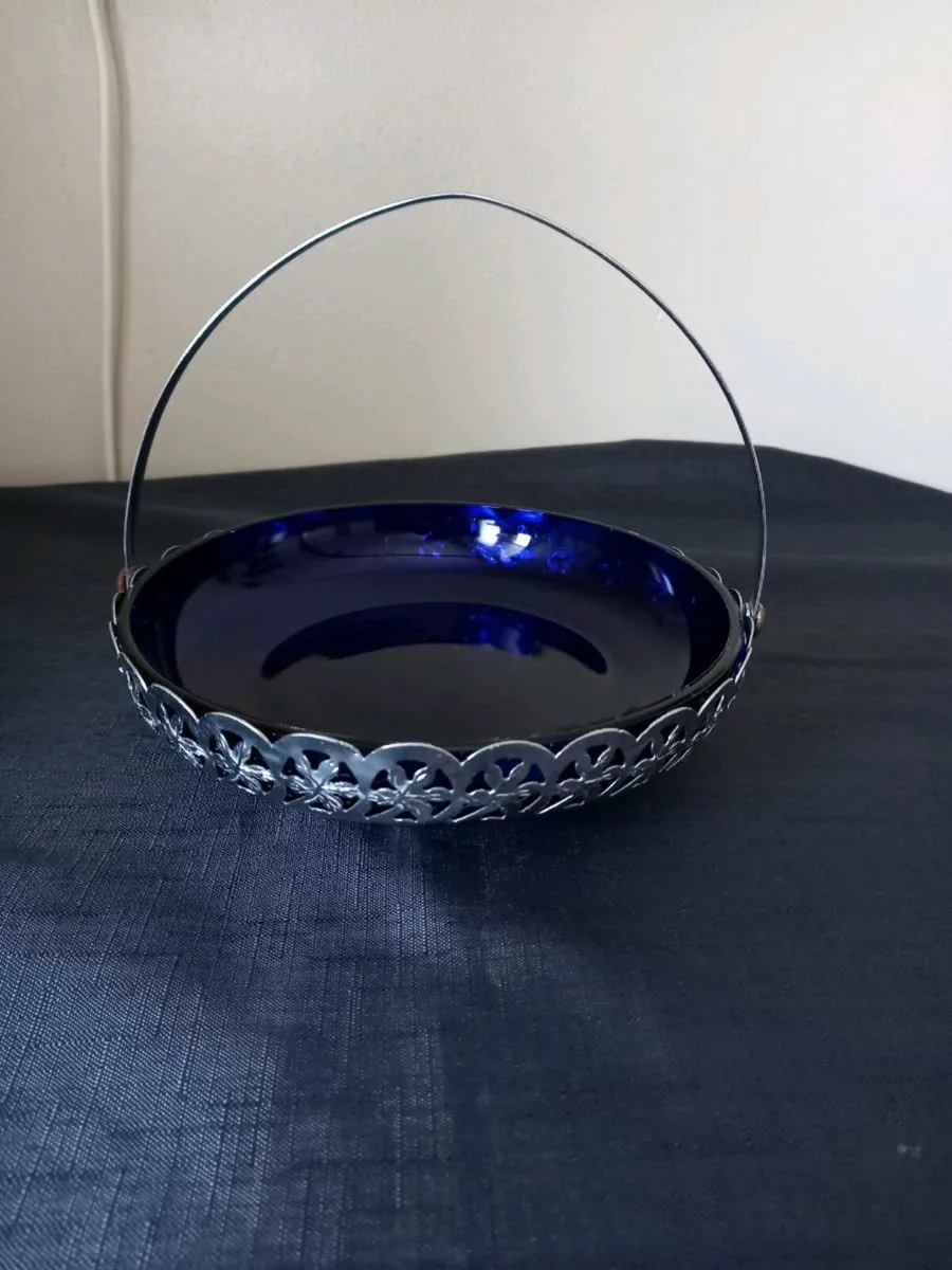 Large Chrome & Cobalt Blue Glass Dish - Image 1