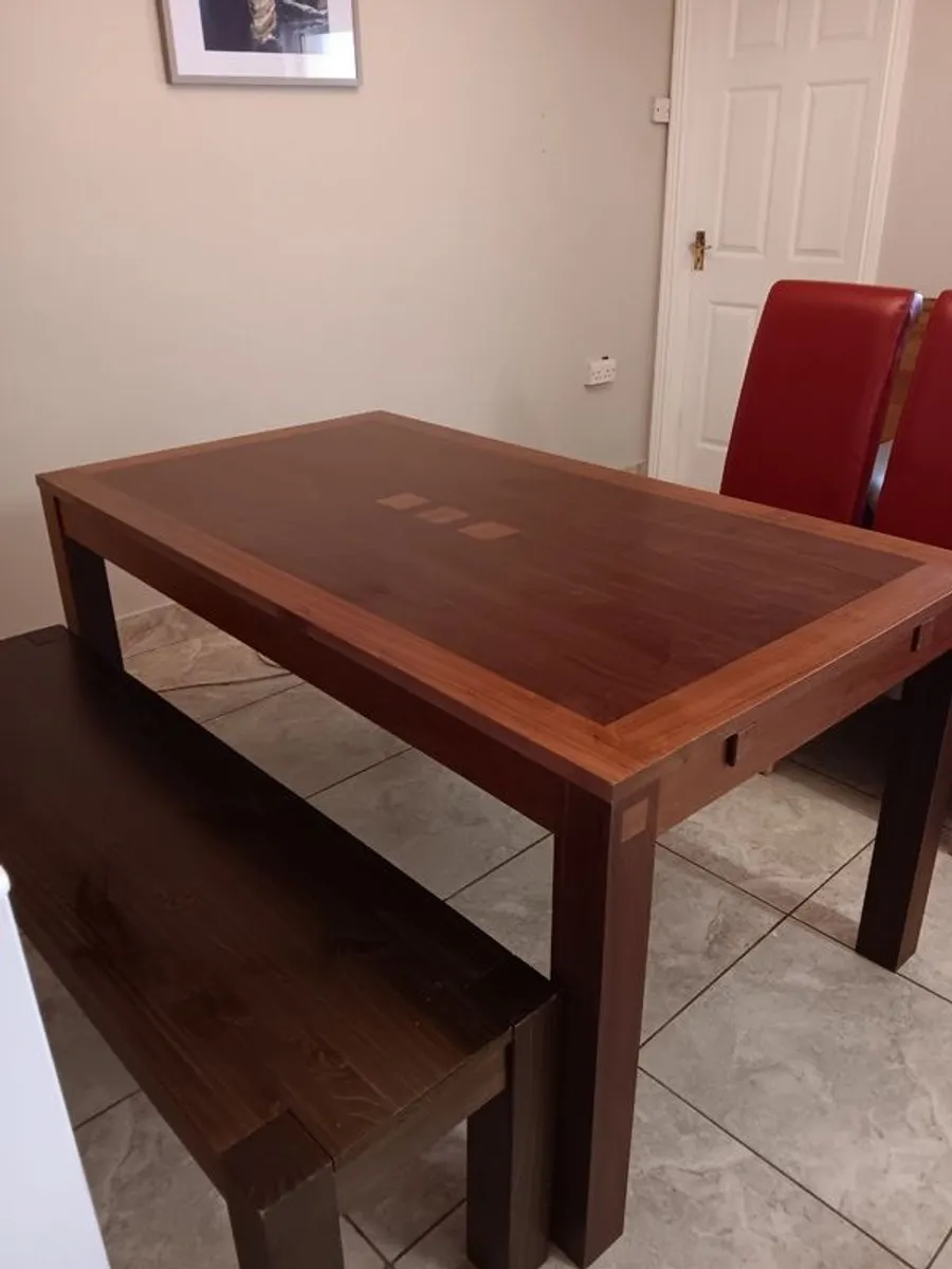 Walnut Table 4 Chairs & Bench - Image 1
