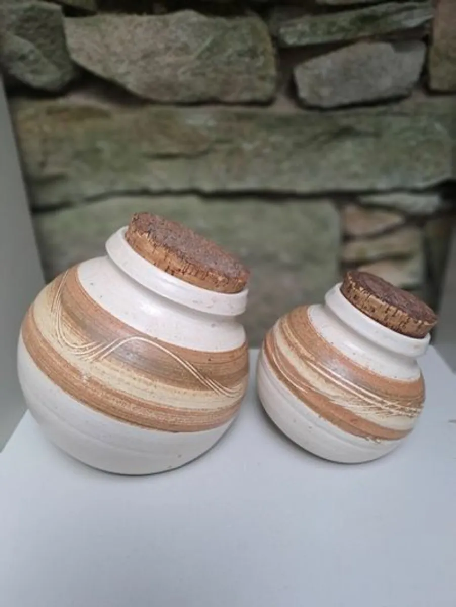 Vintage pottery canisters with Cork lids - Image 1