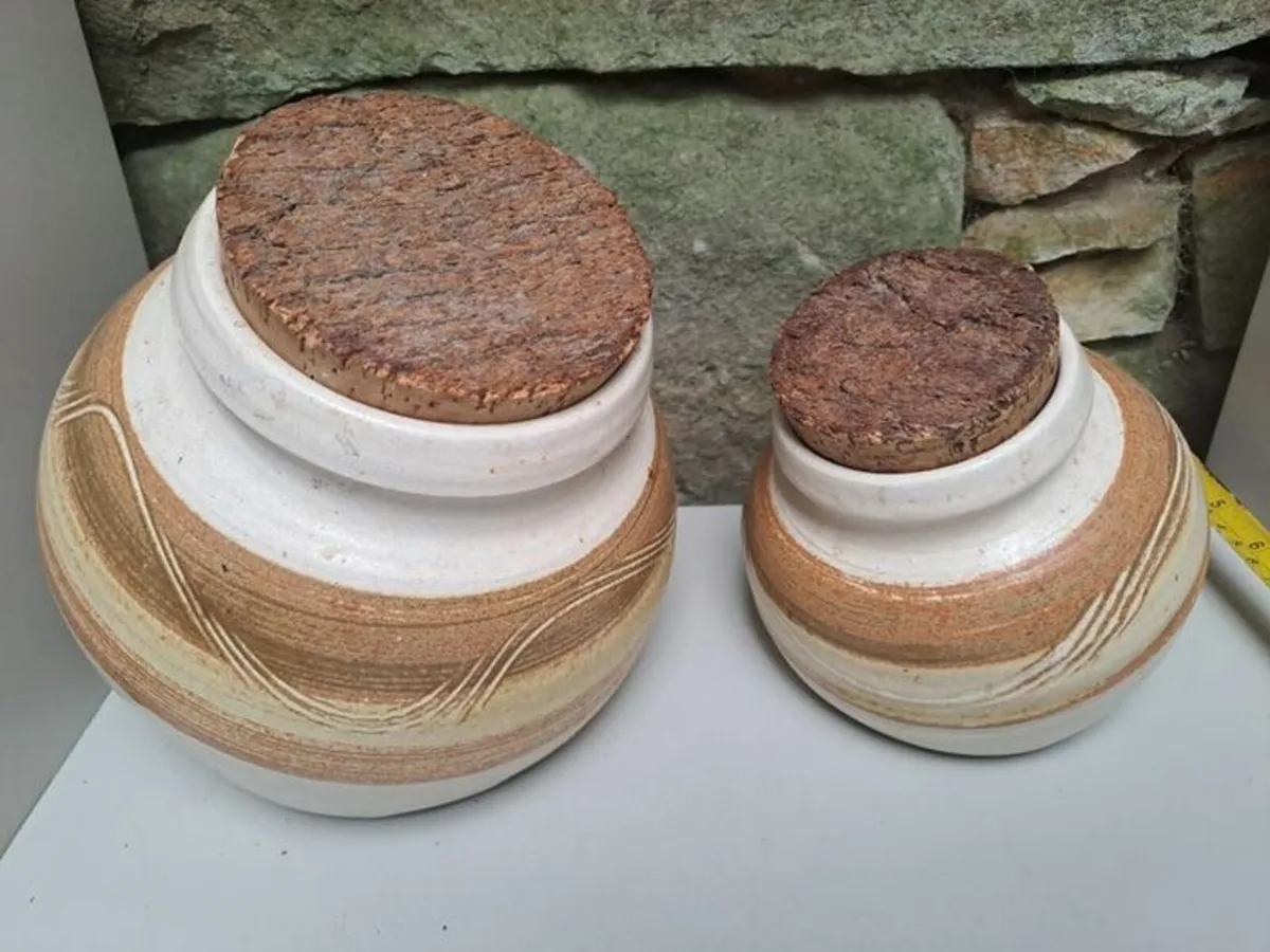 Vintage pottery canisters with Cork lids - Image 2