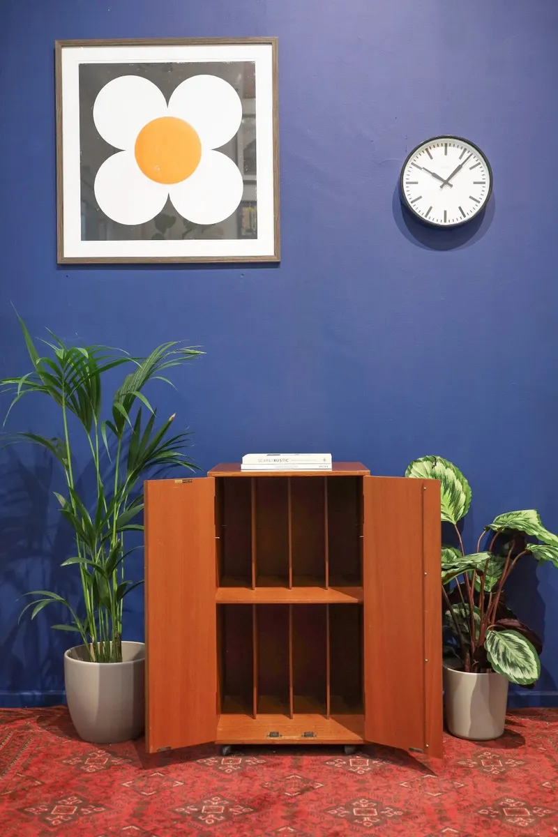 Mid Century Furniture Teak Divided Vinyl Cabinet - Image 1