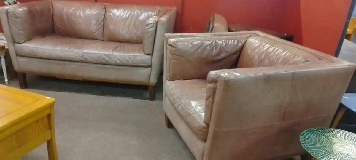 Real Leather Knowles Style Sofa And Armchair - Image 1