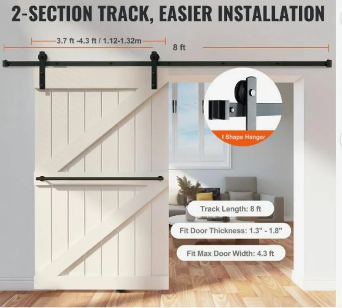 8FT Sliding Barn Door Hardware Kit - Image 3