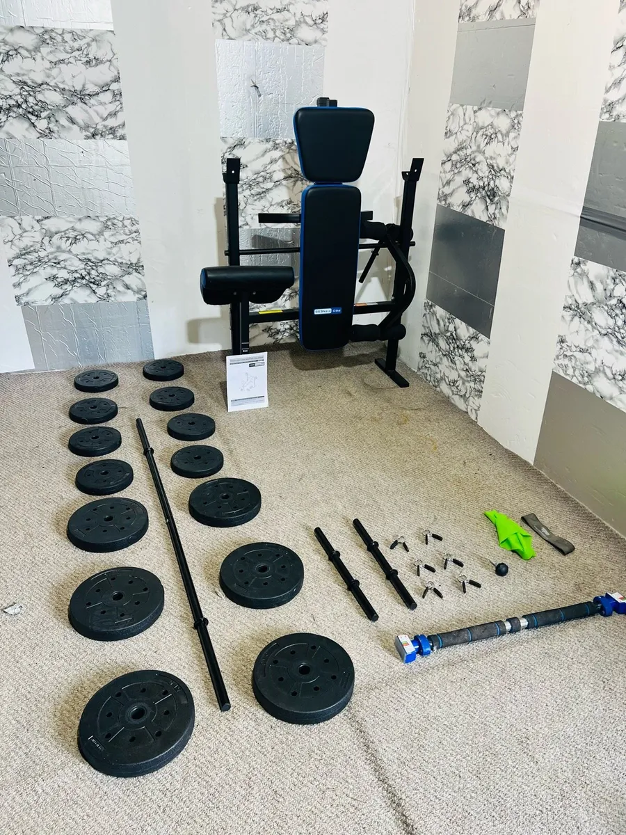 WEIGHT BENCH 50KG WEIGHTS BARBELL PULL-UP BAR DUBL - Image 2