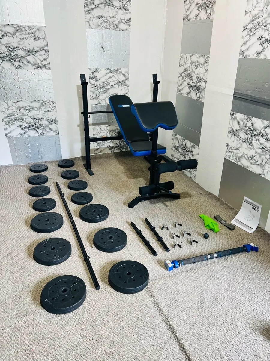 WEIGHT BENCH 50KG WEIGHTS BARBELL PULL-UP BAR DUBL - Image 1