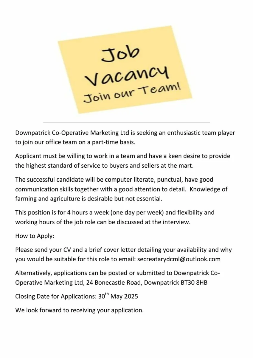 Job Vacancy: Application closing date 30 05 2025