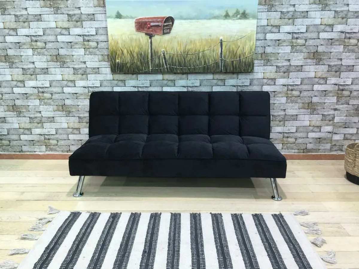 Black Modern Folding 3 Seater Fabric Sofa Bed - Image 1