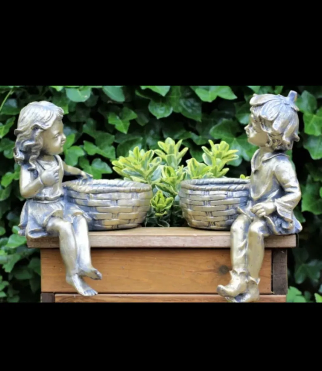 Garden Ornament Planters Cherubs Boy & Girl 12.5” - Image 1