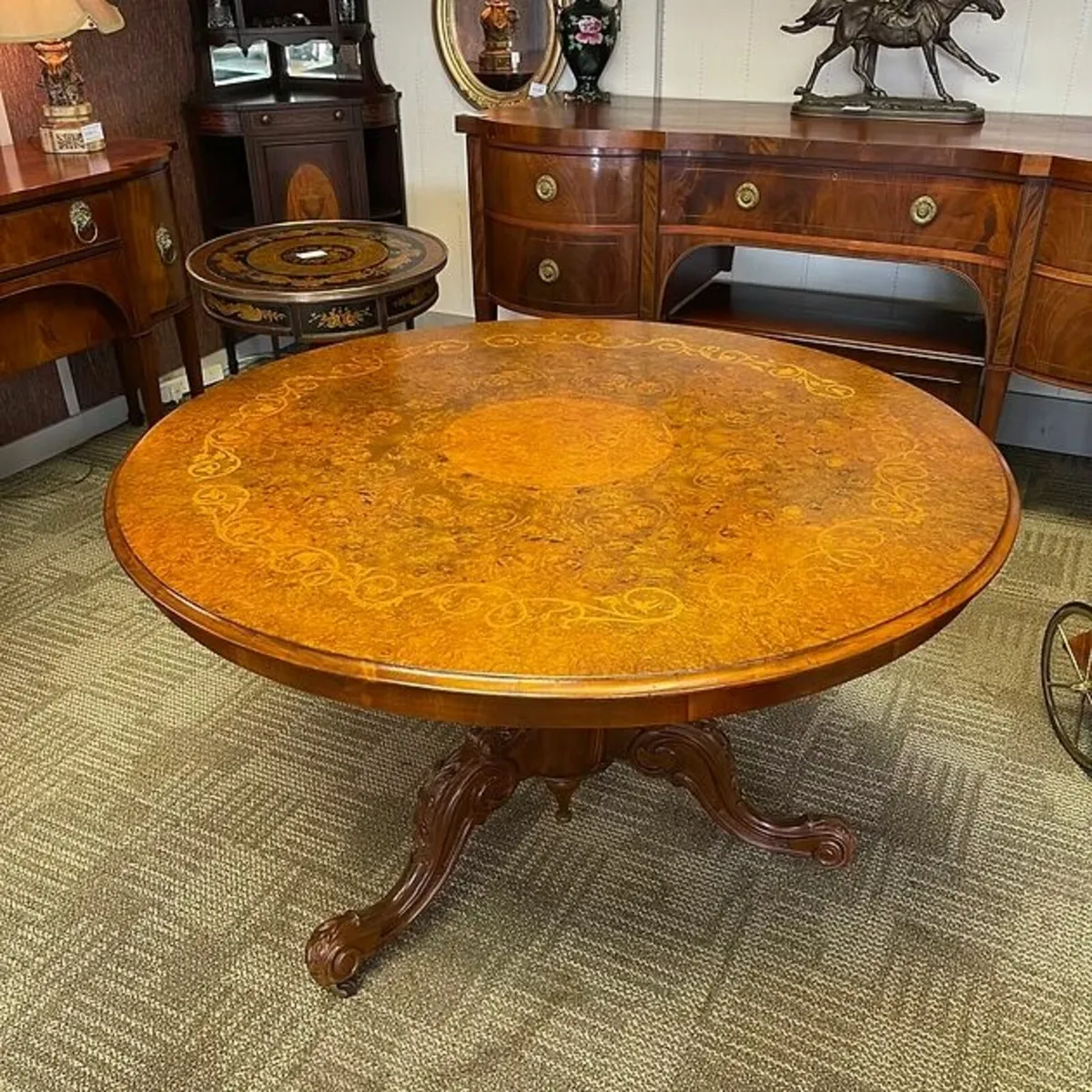 Victorian burr walnut marquetry round pod table - Image 1