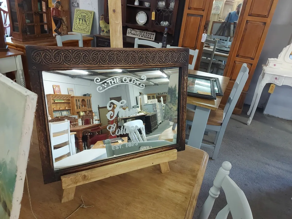 Small carved oak mirror, old cottage etched