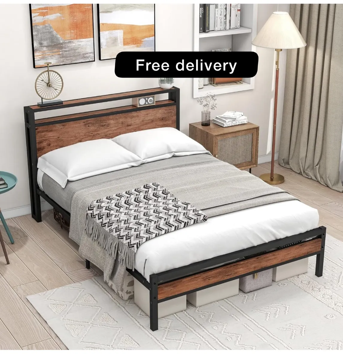 Double Bed Frame with Storage Wooden Headboard - Image 1