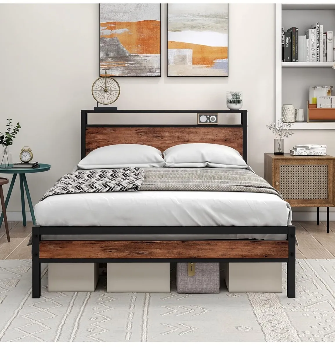 Double Bed Frame with Storage Wooden Headboard - Image 2