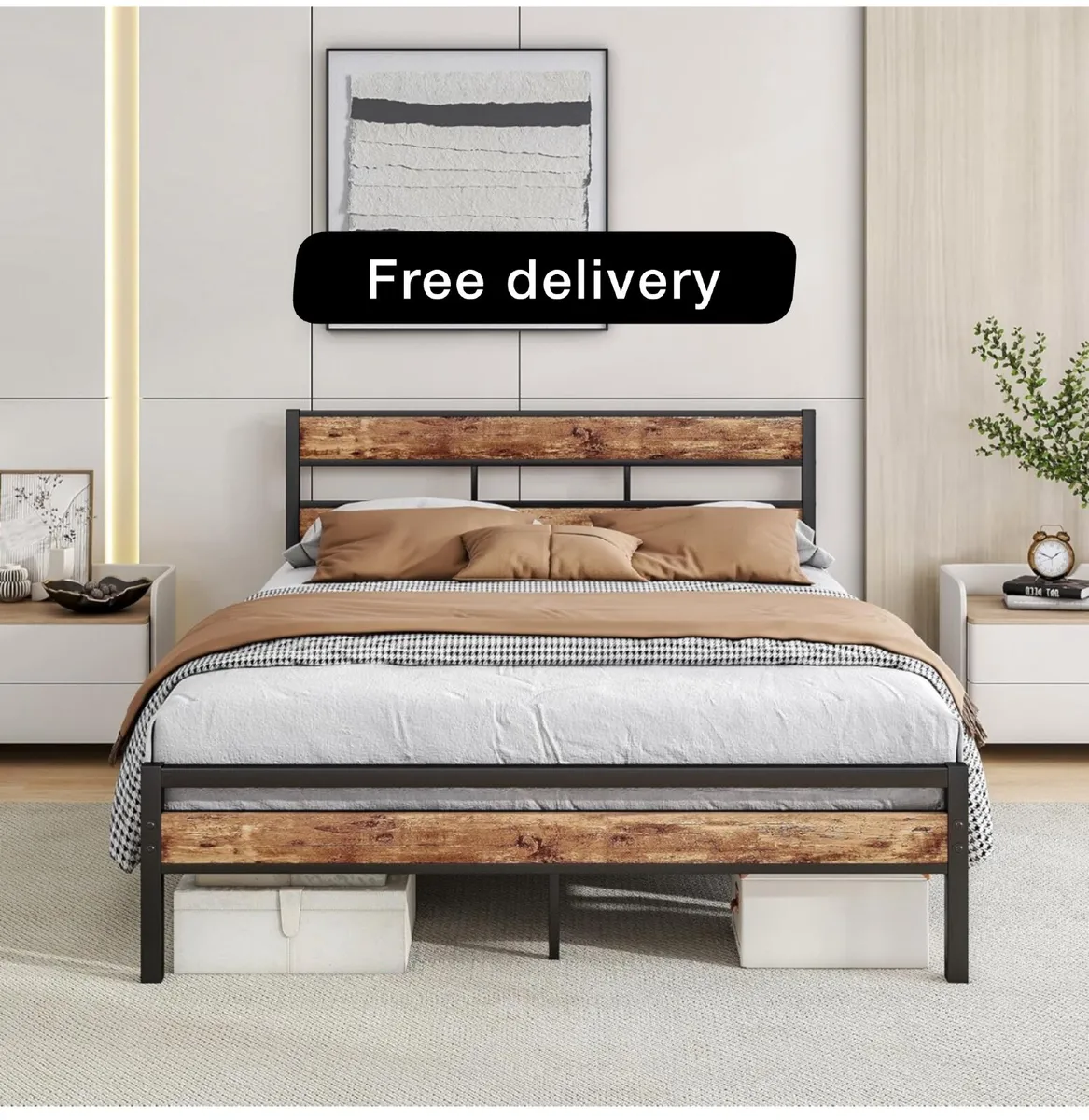 Double Bed Frame with Wooden Headboard - Image 1