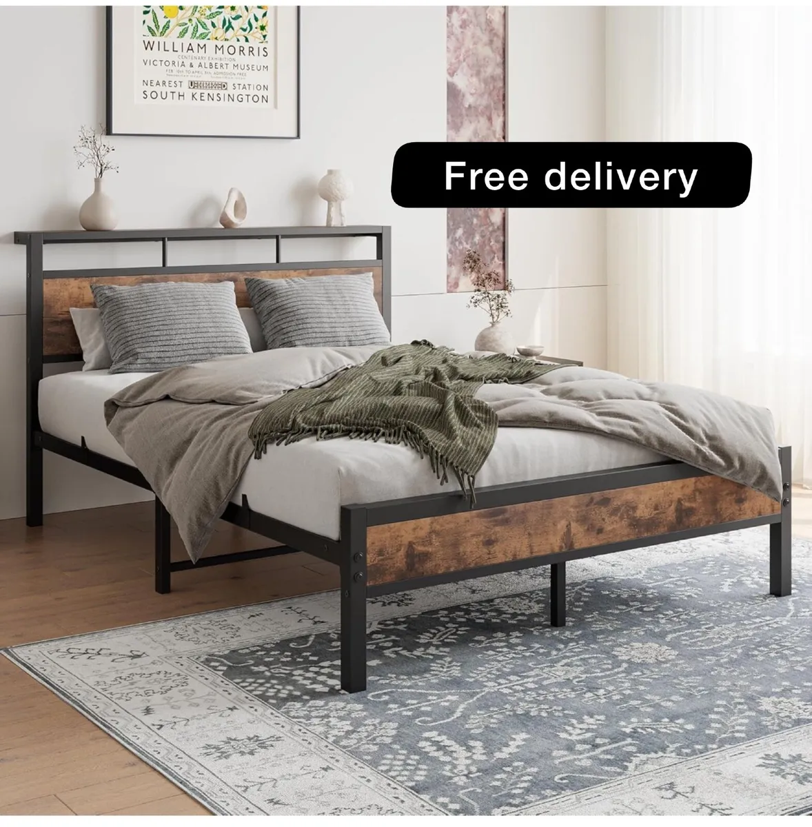Double Bed Frame with Wooden Storage Shelf Headboa - Image 1