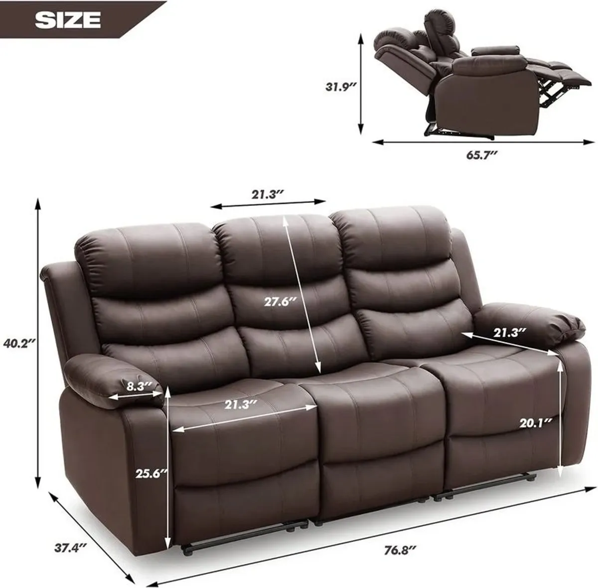 3 Seater PU Leather Recliner Sofa- Brown - Image 3
