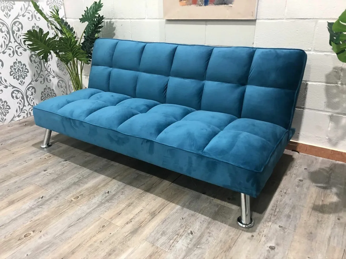 Blue Folding 3-Seater Sofa Bed - Image 2
