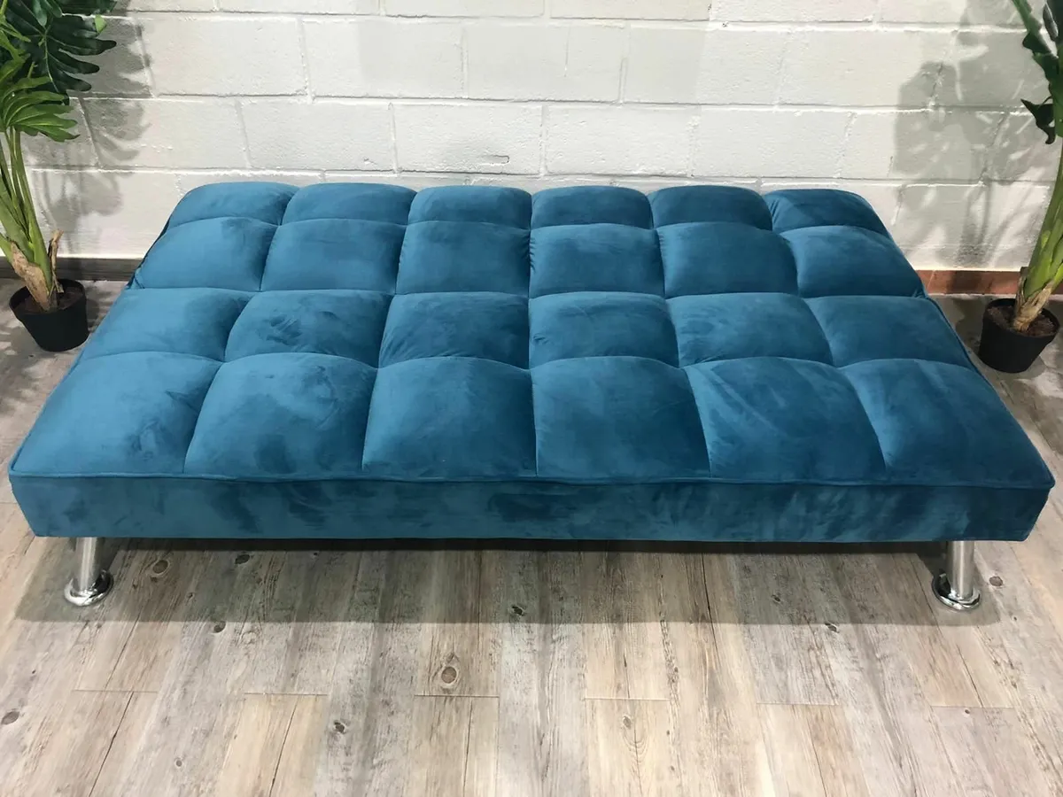 Blue Folding 3-Seater Sofa Bed - Image 3