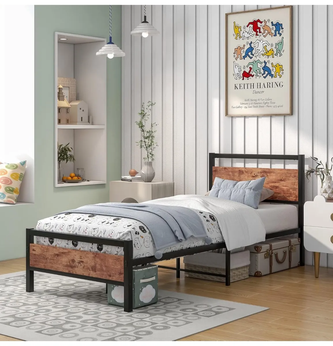 Metal Single Bed Frames with Wood Headboard - Image 4