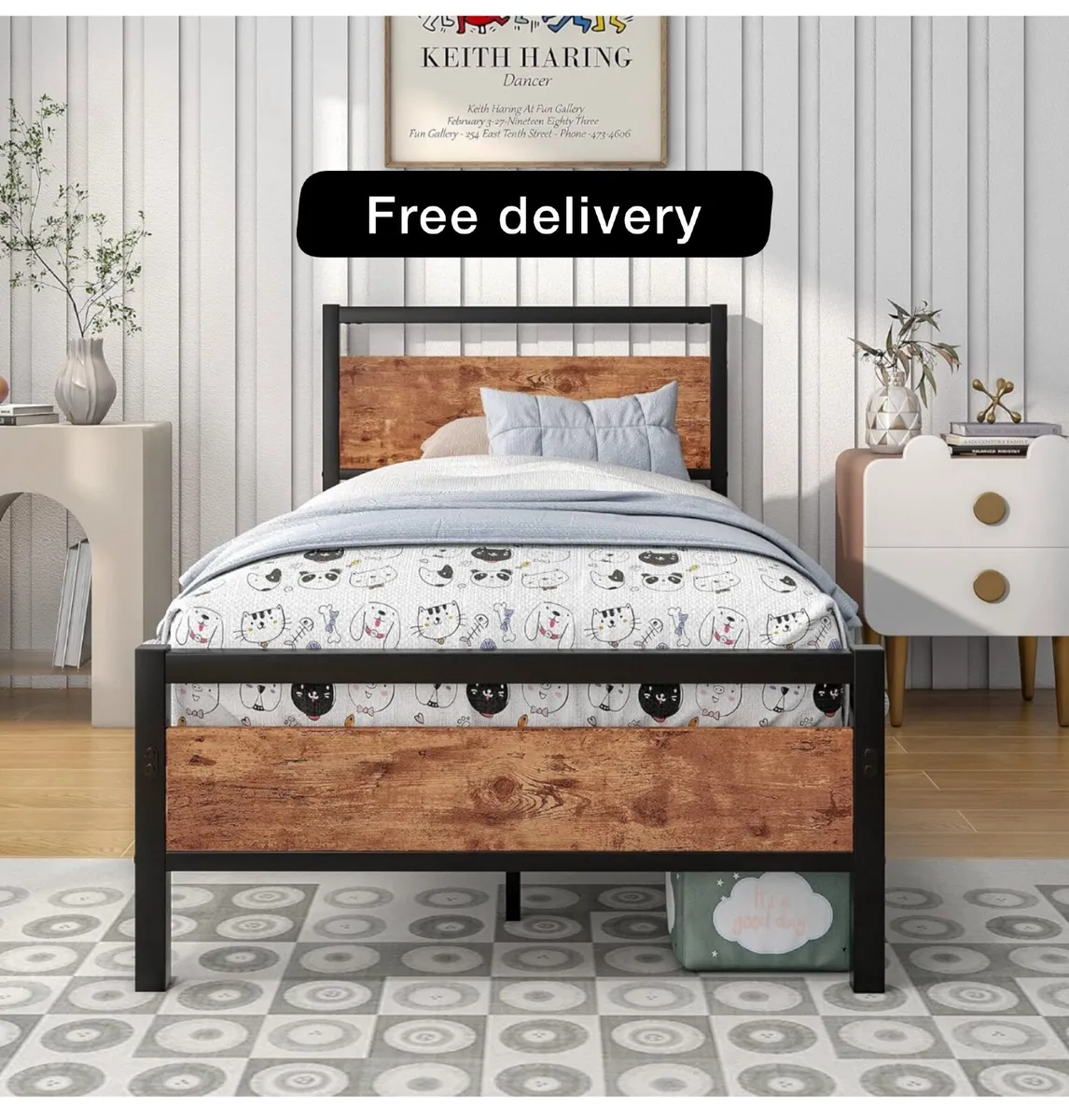 Metal Single Bed Frames with Wood Headboard - Image 1