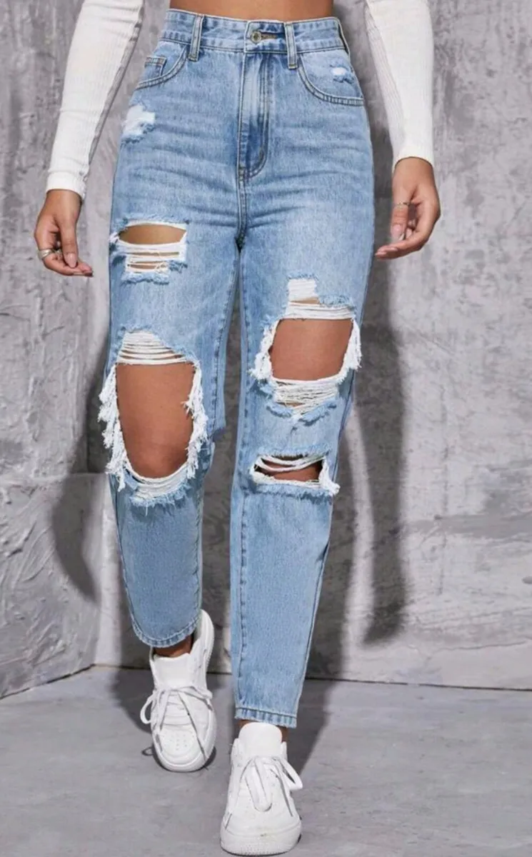 Brand New High Waist Straight Leg Ripped Jeans