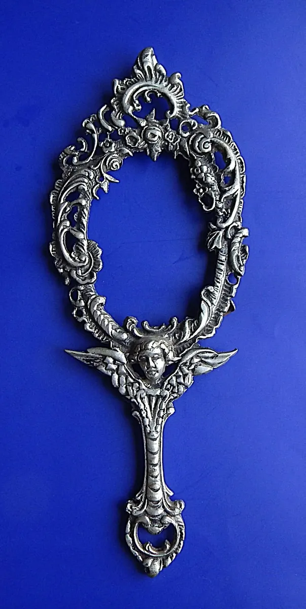 Vintage Cupid Hand Mirror Frame in White Metal - Image 1