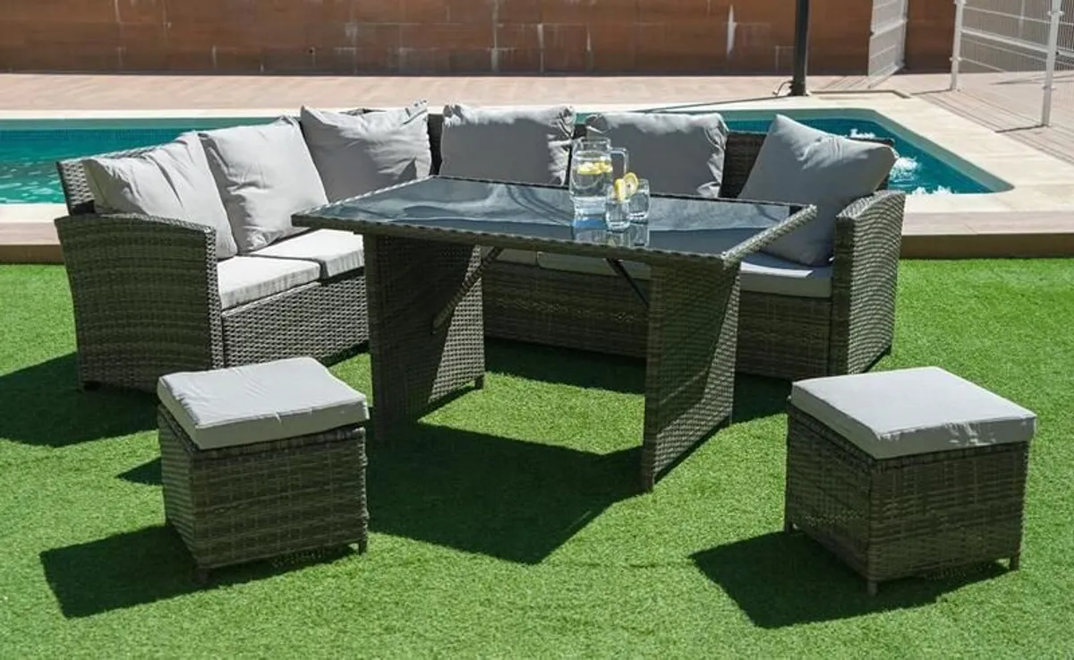 Rattan Corner Sofa Set dining table poufs - Image 1