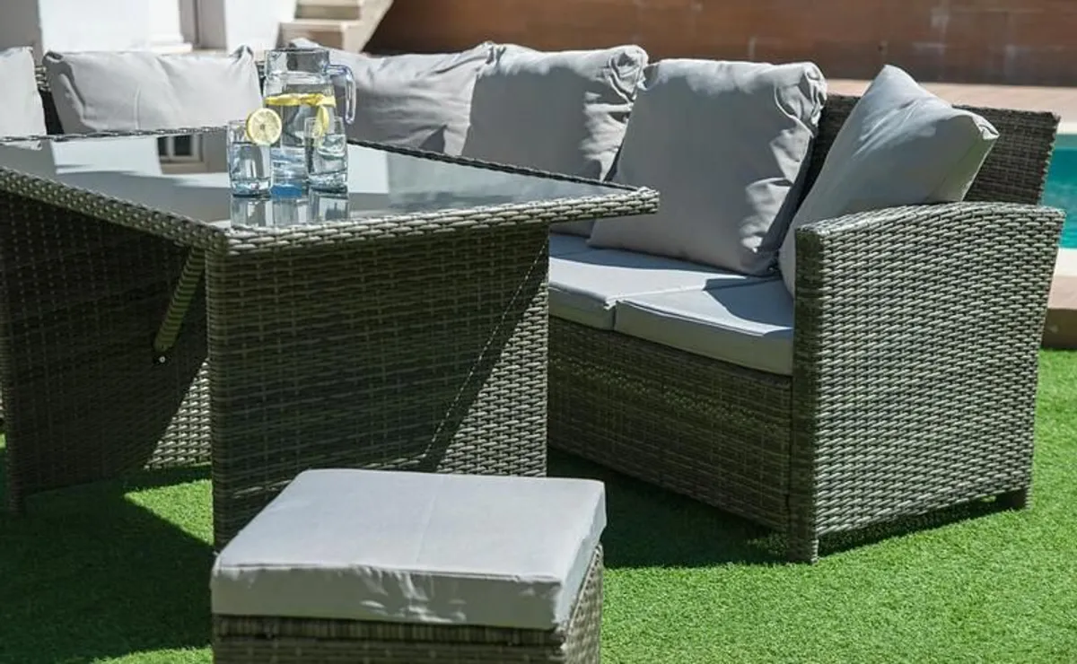 Rattan Corner Sofa Set dining table poufs - Image 3