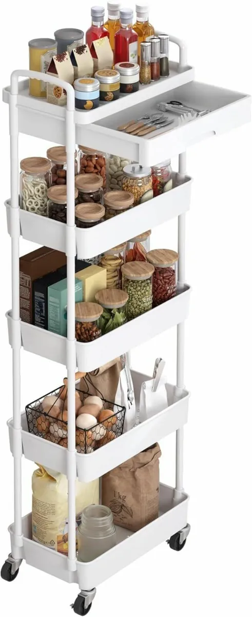 5 Tier plastic rolling cart storage kitchen White - Image 2