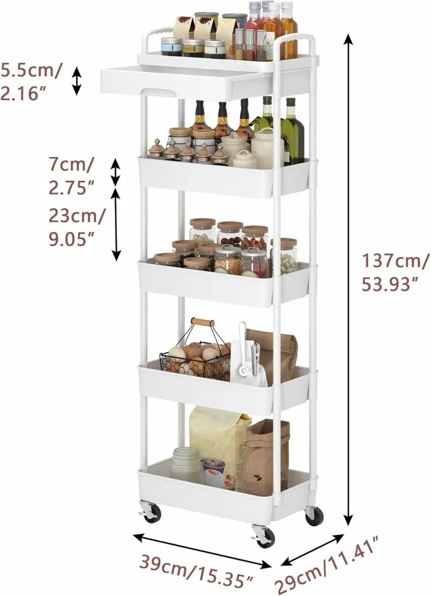 5 Tier plastic rolling cart storage kitchen White - Image 3