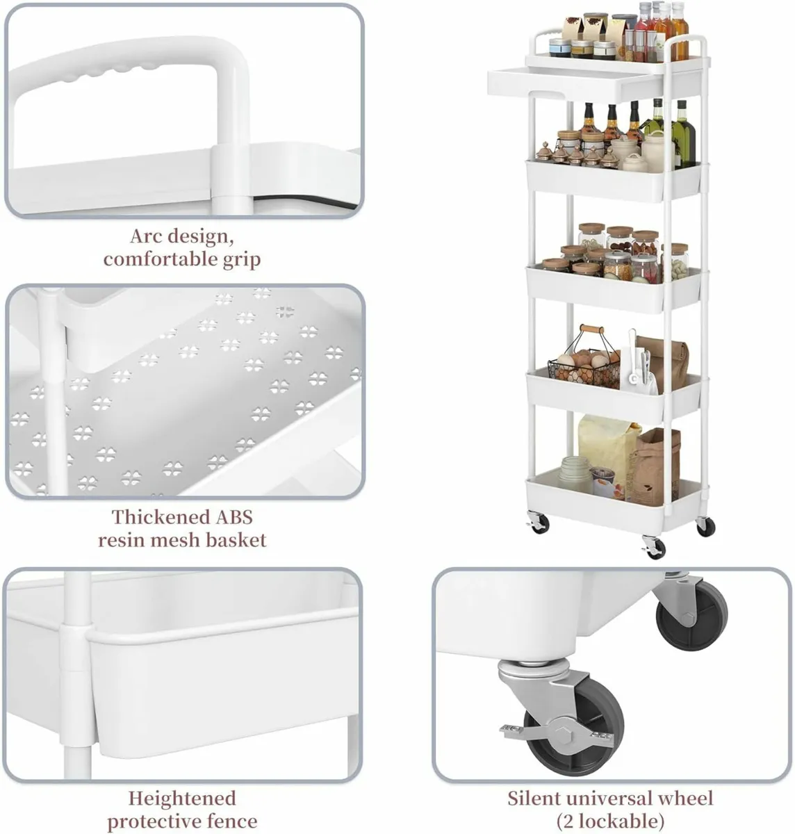 5 Tier plastic rolling cart storage kitchen White - Image 4