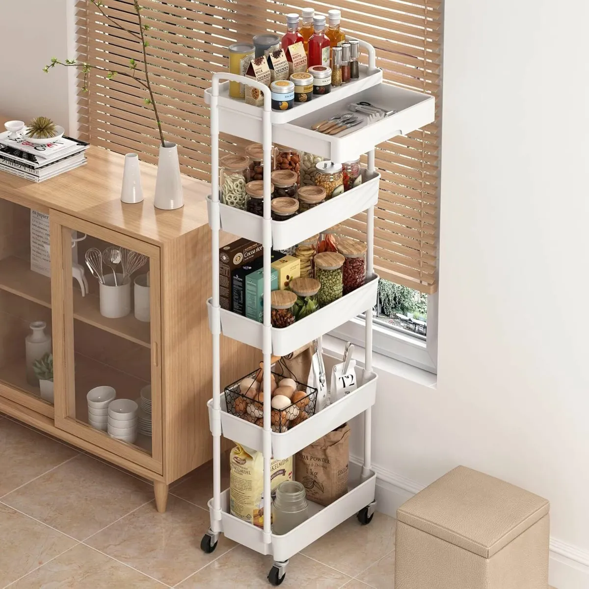 5 Tier plastic rolling cart storage kitchen White - Image 1
