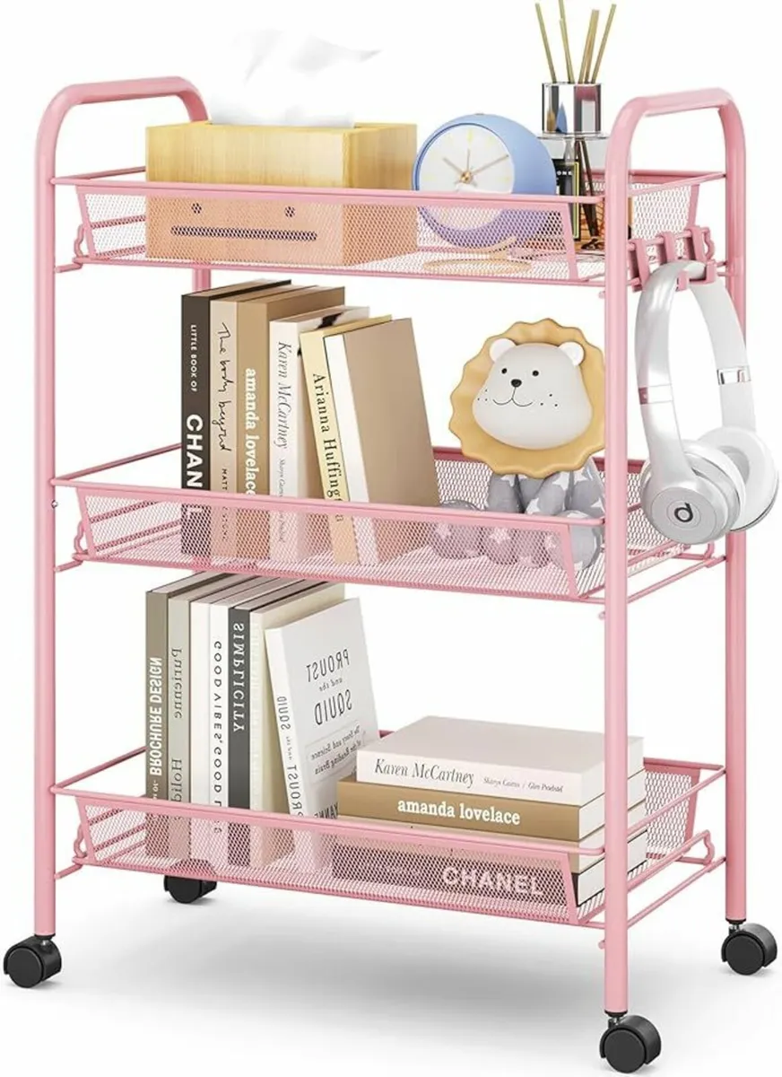 3-Tier Rolling Cart Mobile Storage Trolley Pink - Image 1