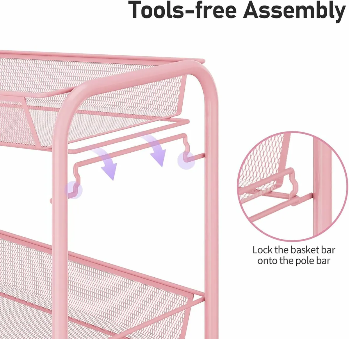 3-Tier Rolling Cart Mobile Storage Trolley Pink - Image 2