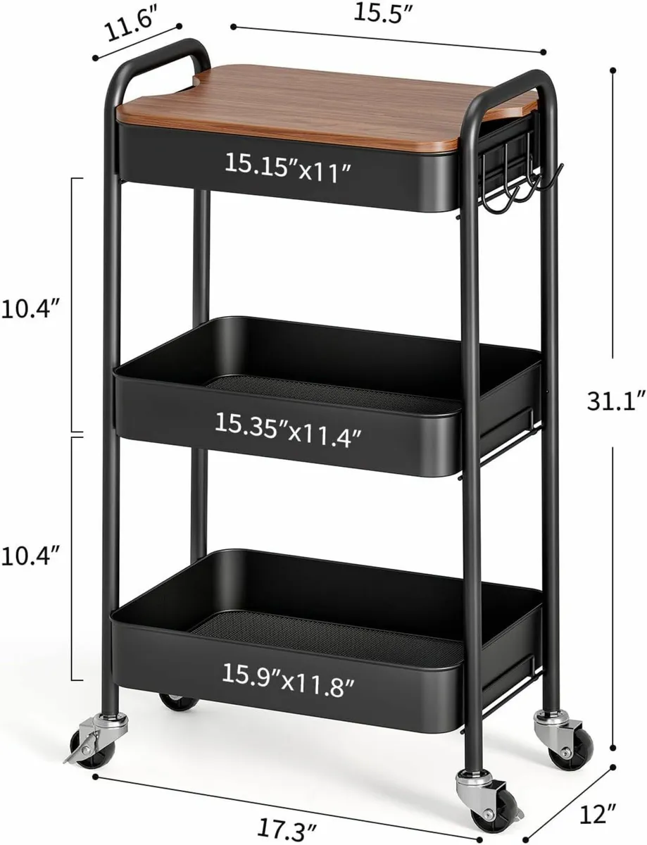 3Tier Metal Storage Trolley Wheels Bathroom office - Image 2