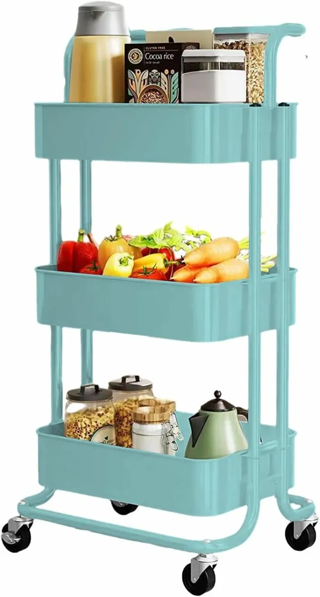 3-Tier Metal Rolling Utility Cart Storage, blue - Image 1