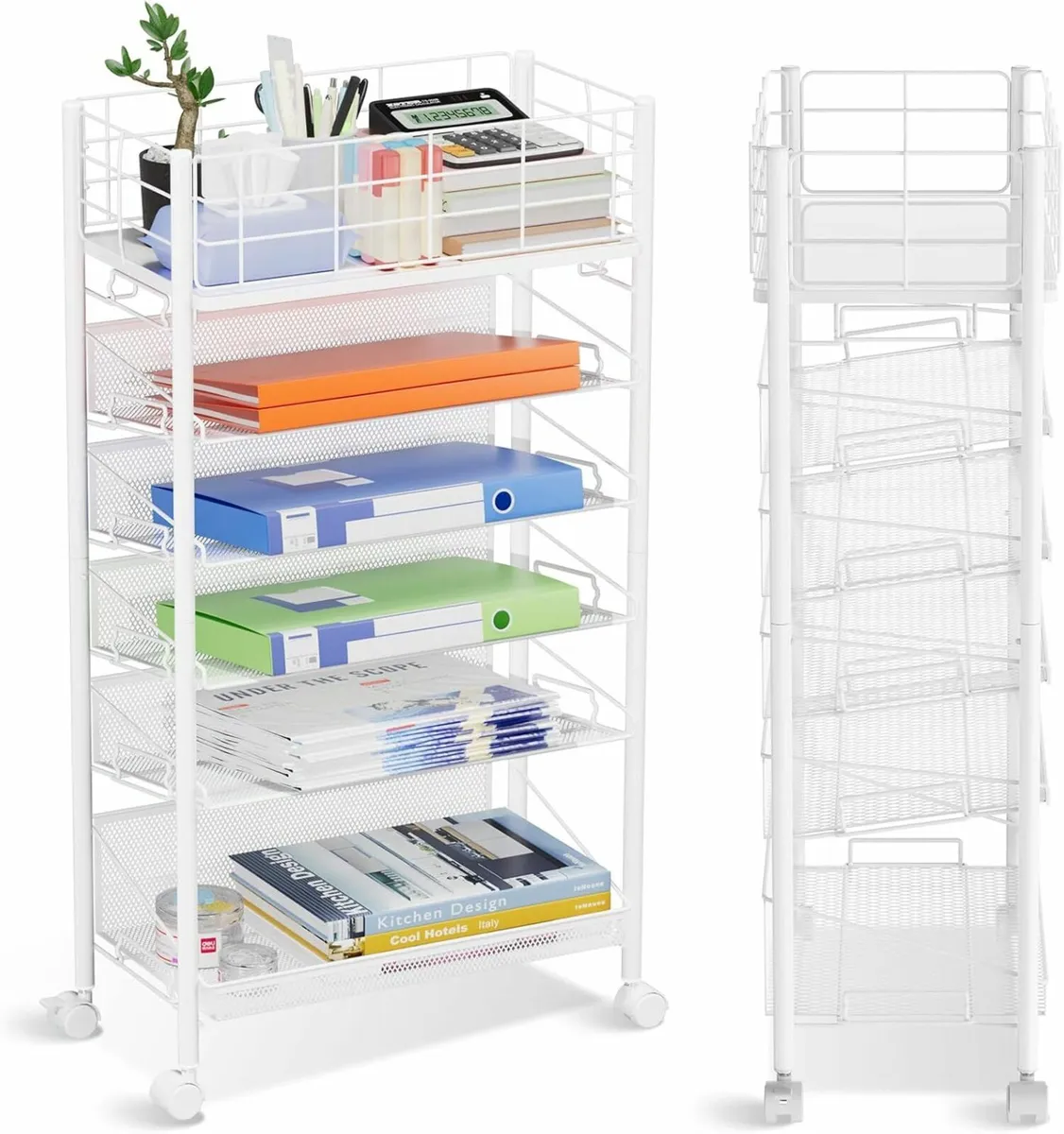 Rolling File Cart Wheels 6 Tier White Office - Image 1