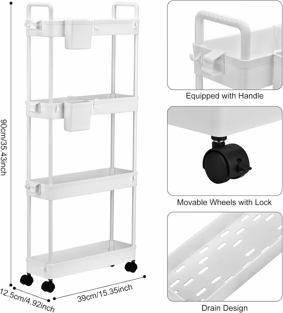 Storage Trolley bath Kitchen Storage 4 Tier-White - Image 3