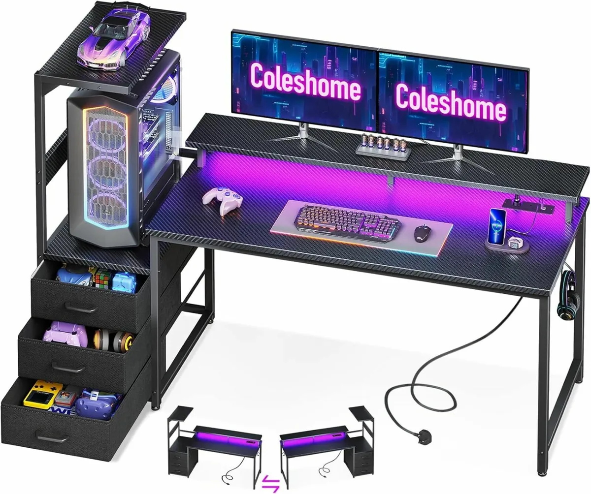 Gaming Desk LED Lights Power Outlet Black 151x50cm - Image 1