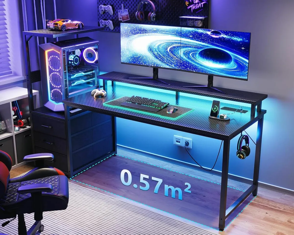 Gaming Desk LED Lights Power Outlet Black 151x50cm - Image 4