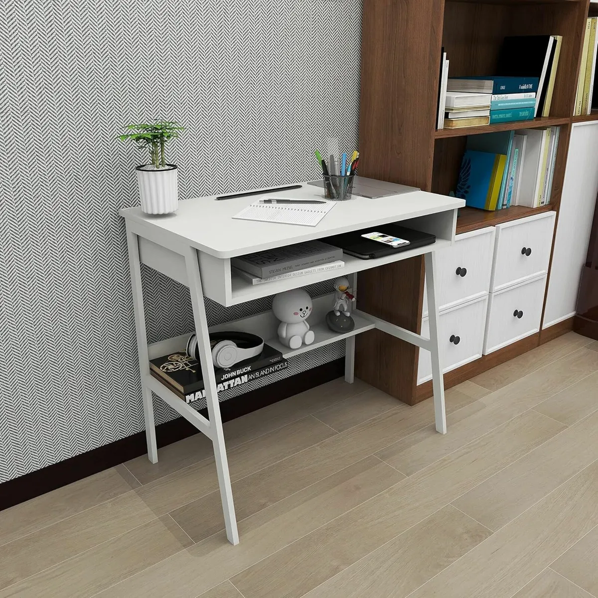 Desk  Drawer Storage Shelf Office White 80x48cm - Image 3
