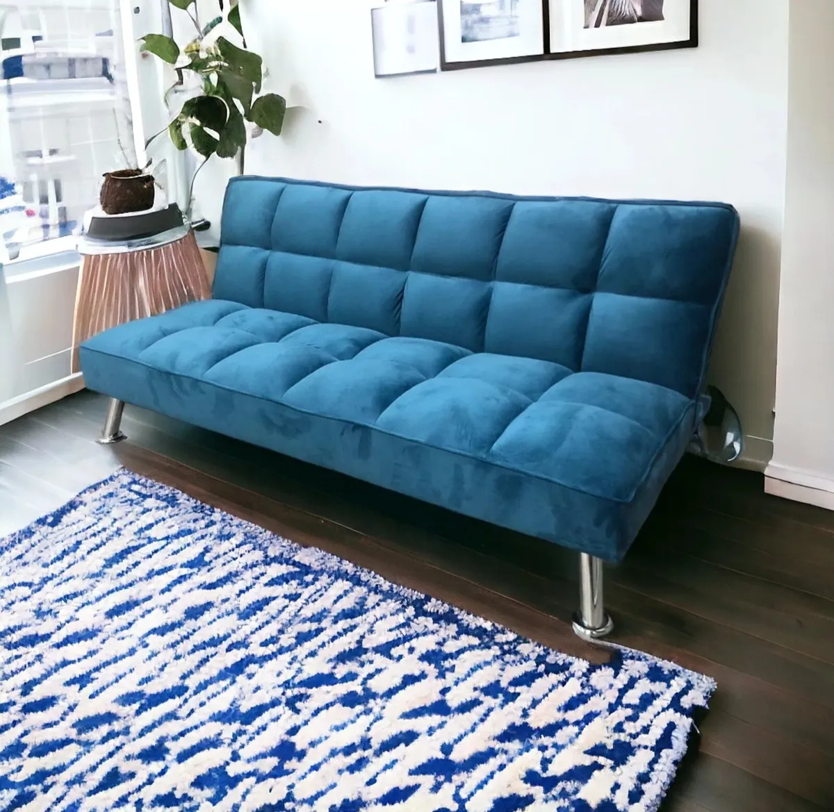 Carlux 3 Seater Folding Sofa Bed – Blue Velvet - Image 1