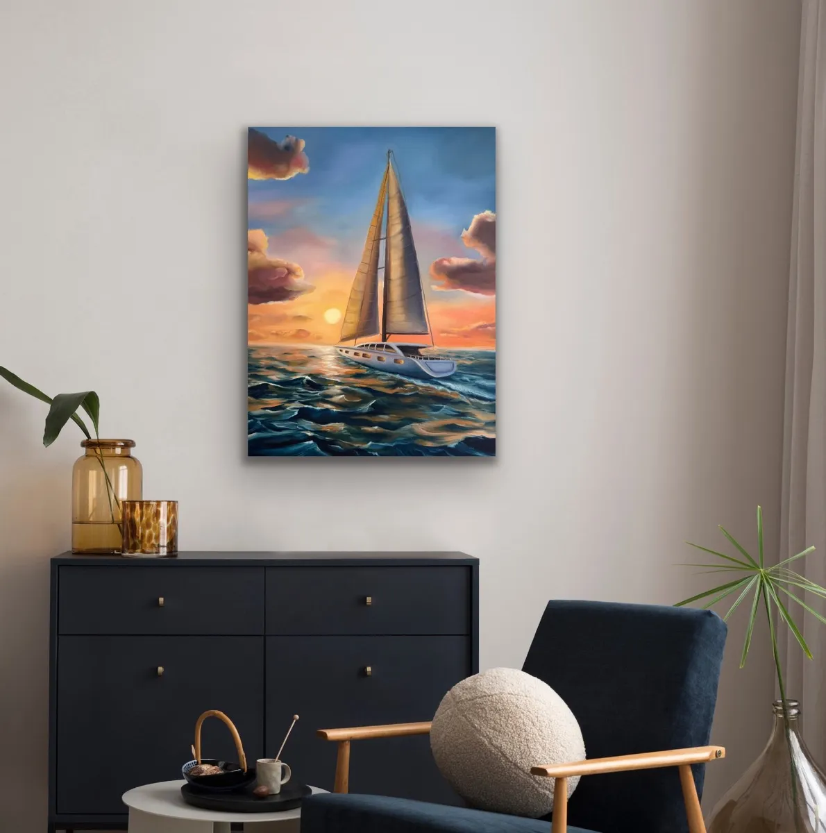 Oil painting seaside sailboat - Image 3