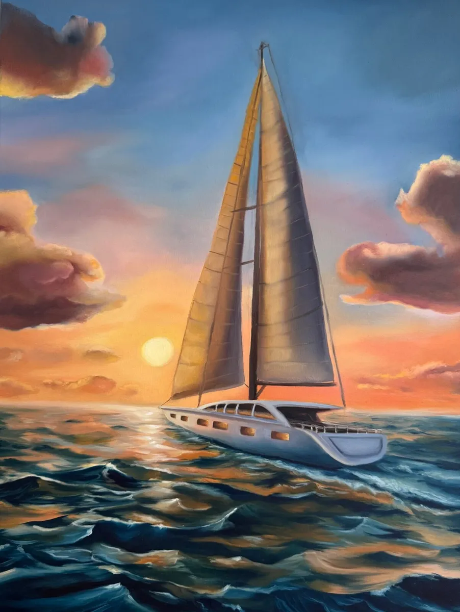 Oil painting seaside sailboat - Image 1