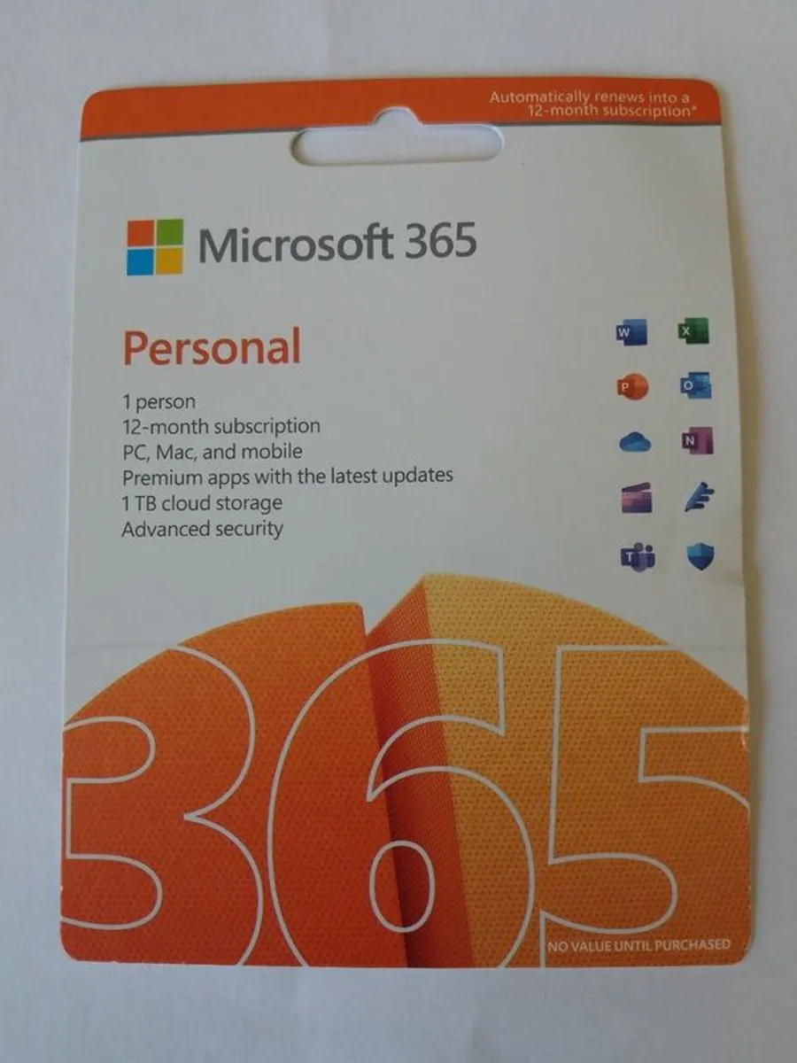 Eur 30 discount on retail price: Unused Microsoft 365 Personal 1 year subscription: Word, Excel, PowerPoint, Outlook, OneNote, OneDrive (1 TB (1,000 GB)), Microsoft Defender, Microsoft Designer, Clipchamp - Image 1