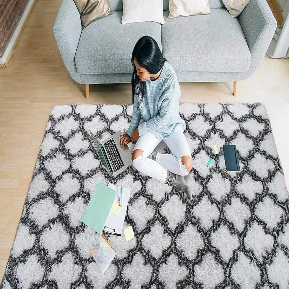 Living Room Fluffy Rug Bedroom White 185x185cm - Image 3
