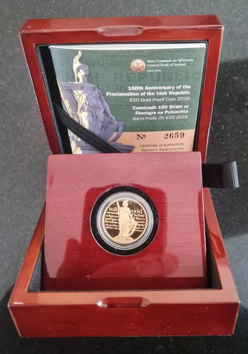 Proof 50 Euros 24K gold coin Ireland 2016 100 Years Anniversary of the Proclamation of the Irish Republic In box, Outer case and cert. - Image 1