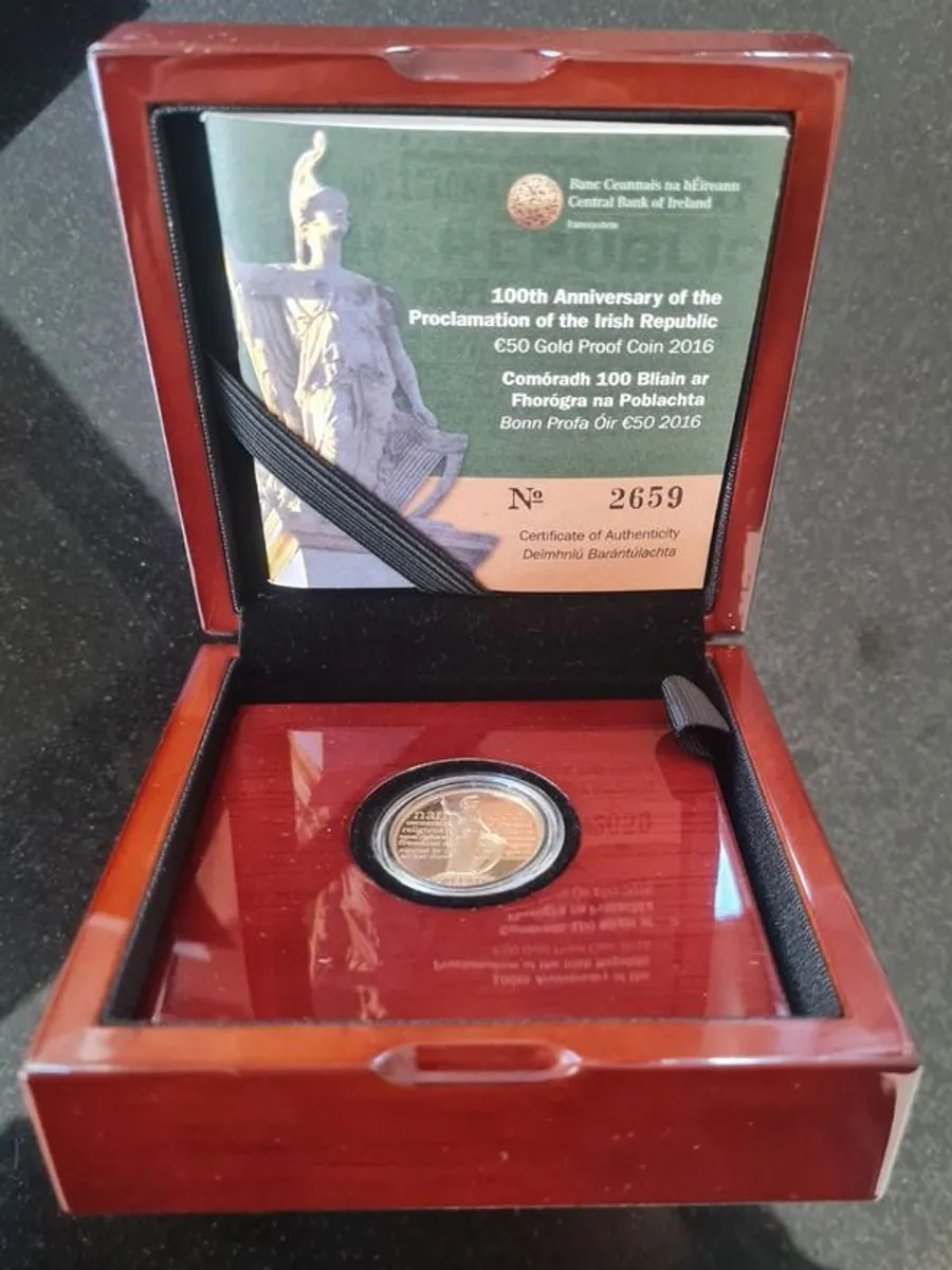 Proof 50 Euros 24K gold coin Ireland 2016 100 Years Anniversary of the Proclamation of the Irish Republic In box, Outer case and cert. - Image 2