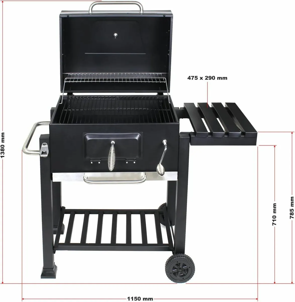 BBQ Charcoal Trolley with Wheels, Side Shelf - Image 2